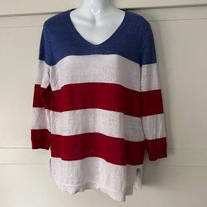 Talbots 100% Linen Striped V-Neck Sweater Red White & Blue 4th of July ready! Sm